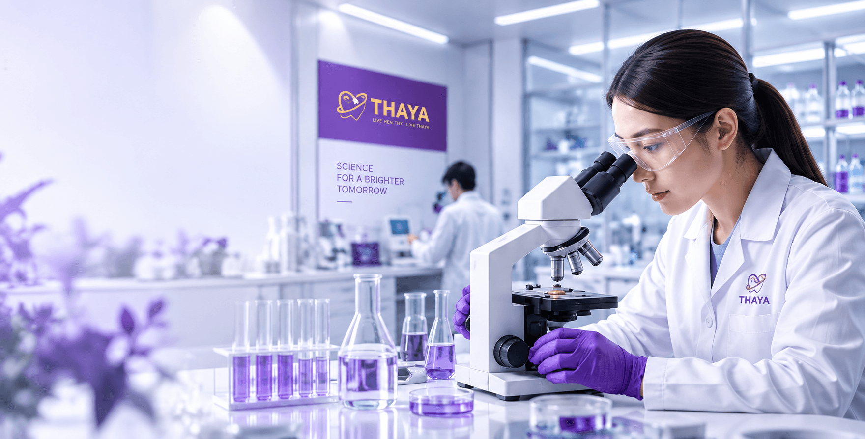 นักวิทยาศาสตร์ THAYA กำลังทำงานกับกล้องจุลทรรศน์